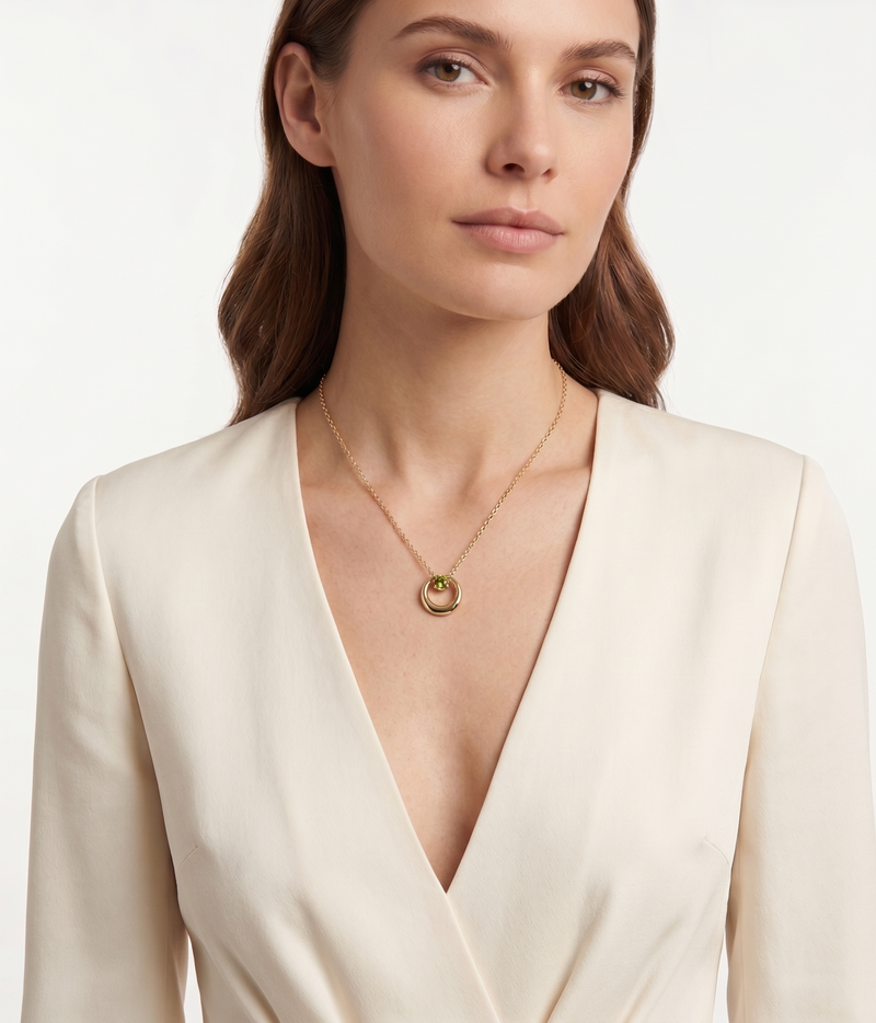 peridot twisted circle pendant necklace in yellow gold finish — model view