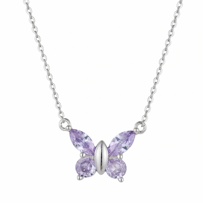 alexandrite butterfly pendant necklace in white gold finish — front view
