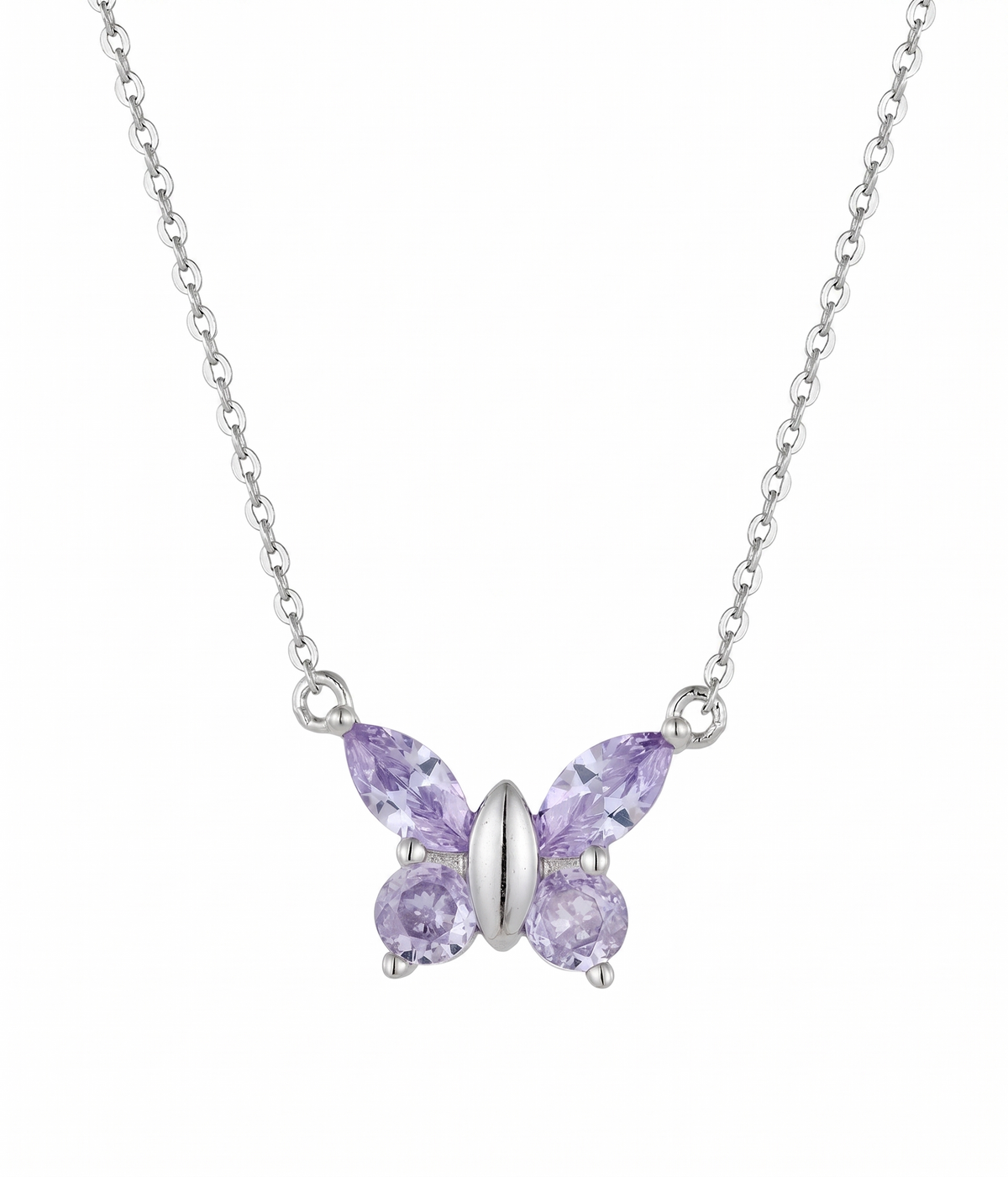 alexandrite butterfly pendant necklace in white gold finish — front view