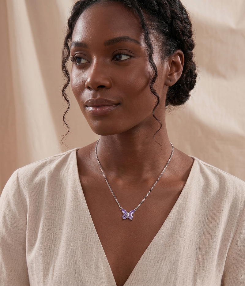 alexandrite butterfly pendant necklace in white gold finish — model view