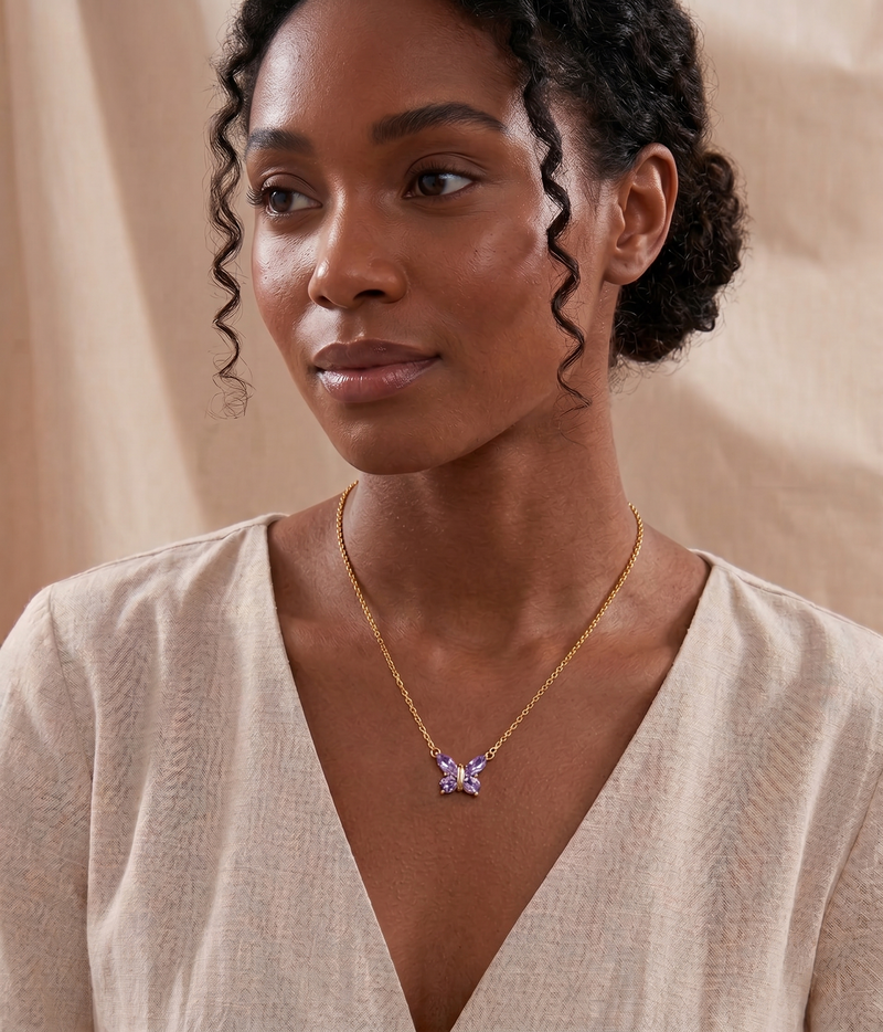 alexandrite butterfly pendant necklace in yellow gold finish — model view