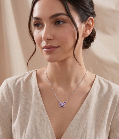 alexandrite butterfly pendant necklace in white gold finish — model view