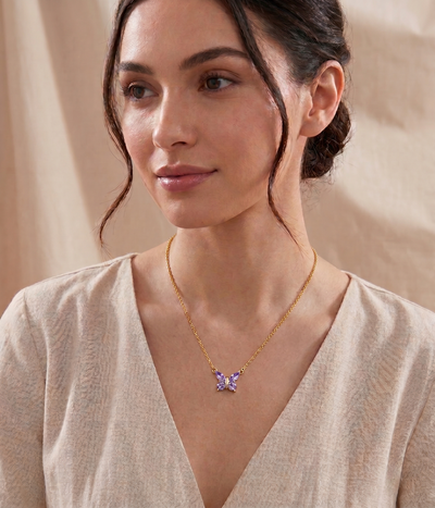alexandrite butterfly pendant necklace in yellow gold finish — model view