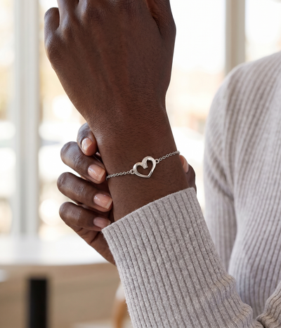 twisted heart bracelet in white gold finish — model view