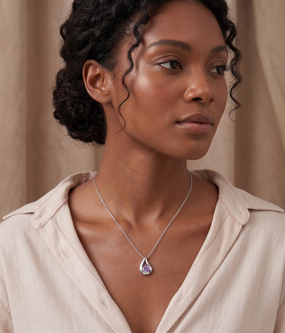 teardrop alexandrite pendant necklace in white gold finish — model view