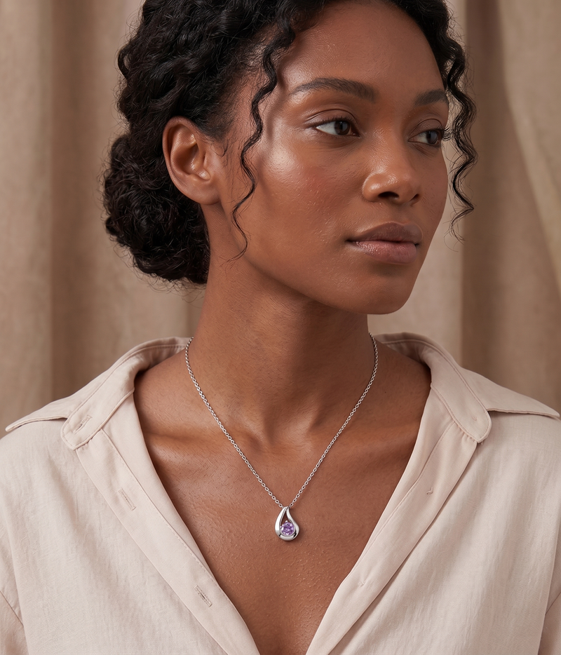 teardrop alexandrite pendant necklace in white gold finish — model view