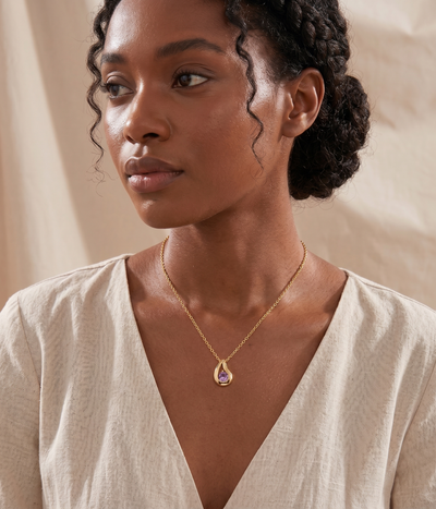 teardrop alexandrite pendant necklace in yellow gold finish — model view