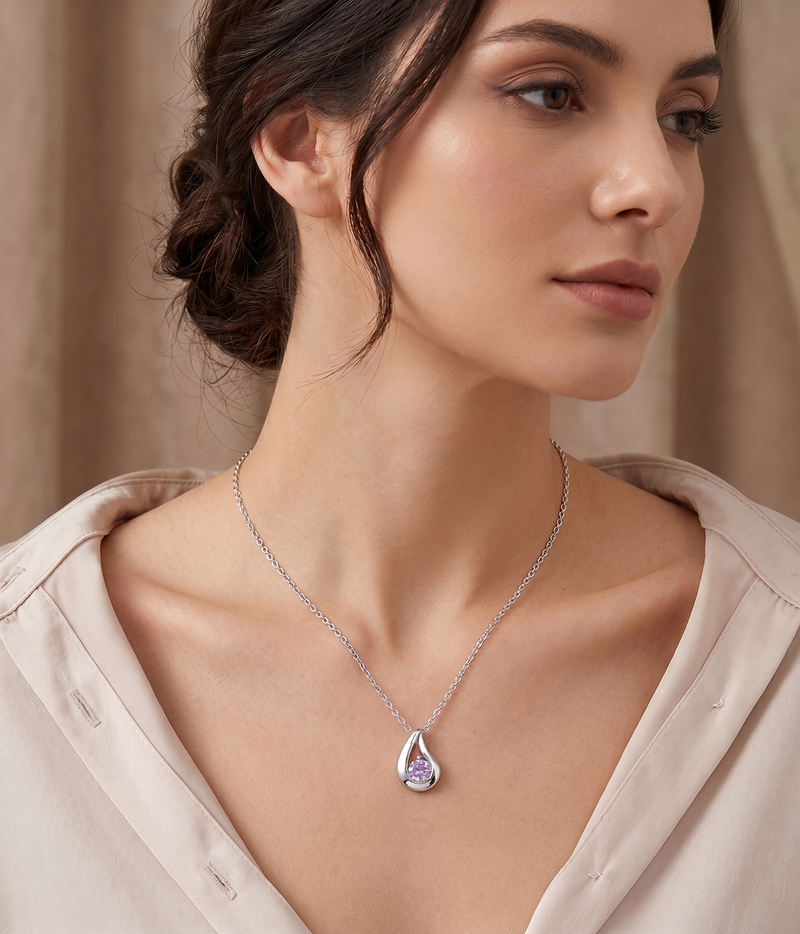 teardrop alexandrite pendant necklace in white gold finish — model view