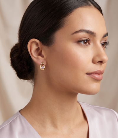 teardrop alexandrite stud earrings in yellow gold finish — model view
