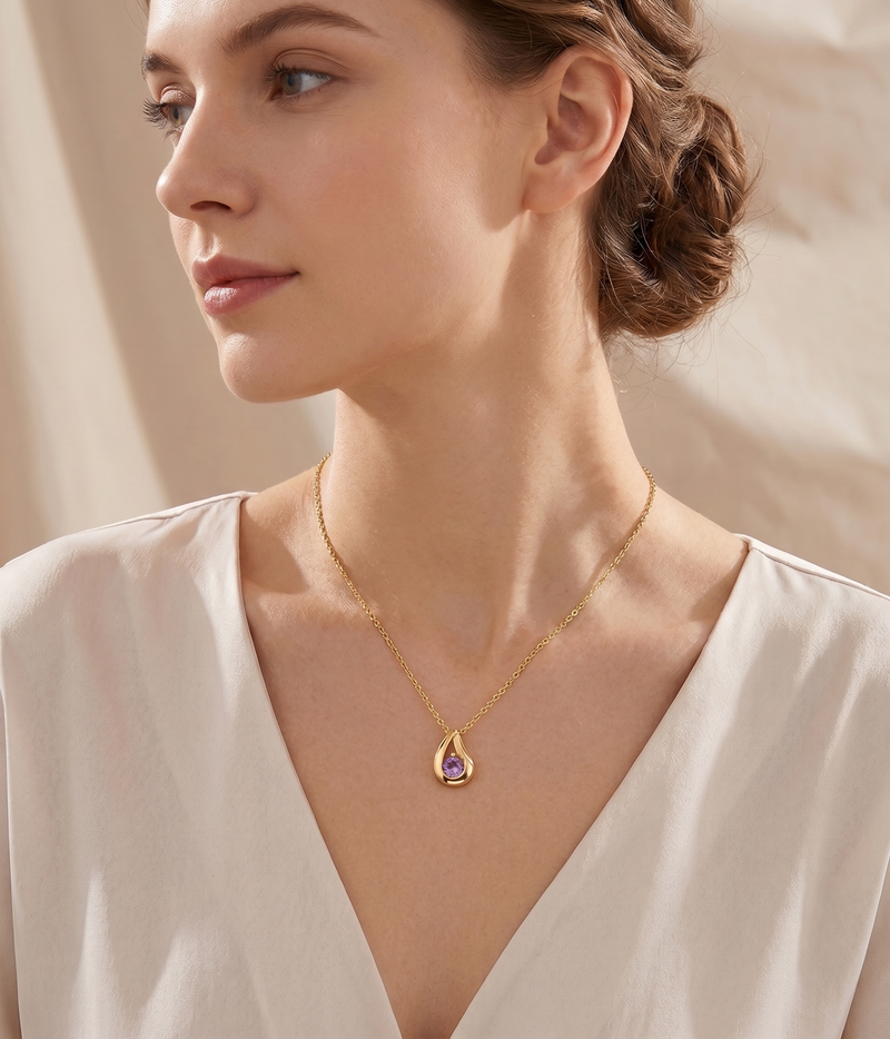 teardrop alexandrite pendant necklace in yellow gold finish — model view