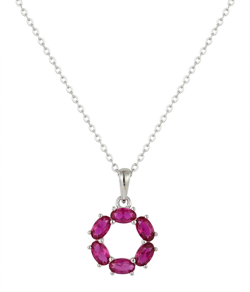 red ruby circle pendant necklace in white gold finish — front view