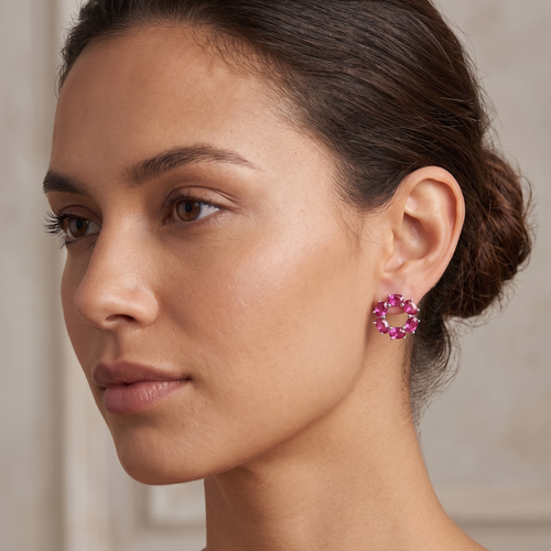 red ruby circle stud earrings in white gold finish — model view