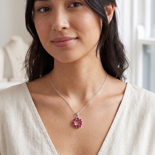 red ruby circle pendant necklace in white gold finish — model view