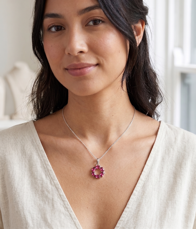 red ruby circle pendant necklace in white gold finish — model view