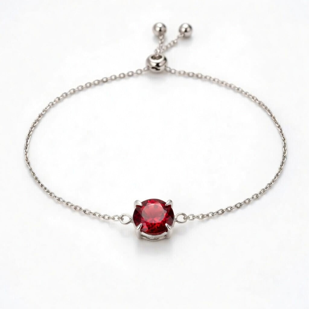 garnet birthstone bracelet in white gold finish — front view