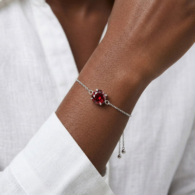 garnet birthstone bracelet in white gold finish — model view