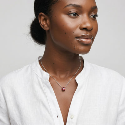 garnet birthstone necklace in white gold finish — model view