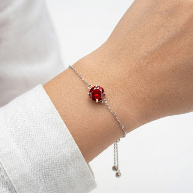 garnet birthstone bracelet in white gold finish — model view