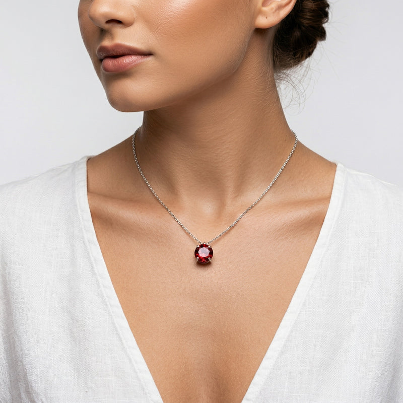 garnet birthstone necklace in white gold finish — model view
