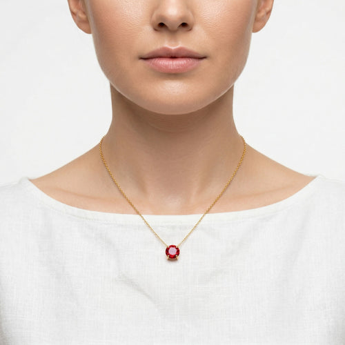 garnet birthstone necklace in yellow gold finish — model view