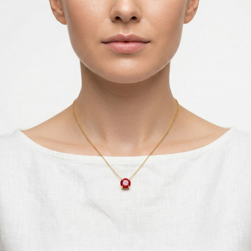 garnet birthstone necklace in yellow gold finish — model view