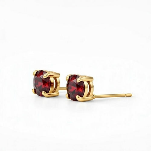 garnet birthstone stud earrings in yellow gold finish — side view