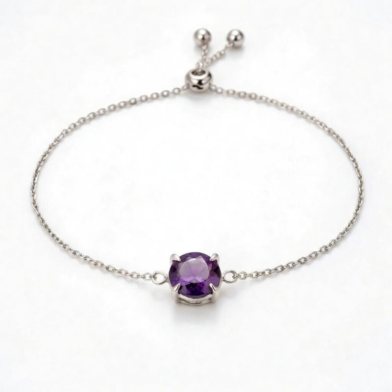 amethyst birthstone bracelet in white gold finish — front view