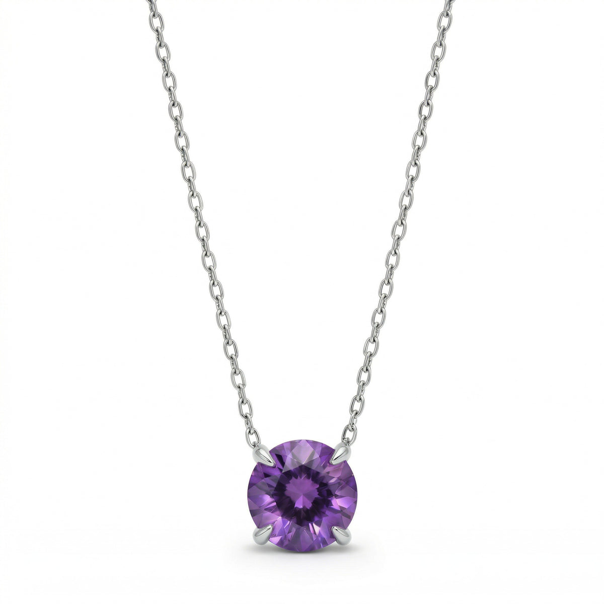 amethyst birthstone necklace in white gold finish — front view
