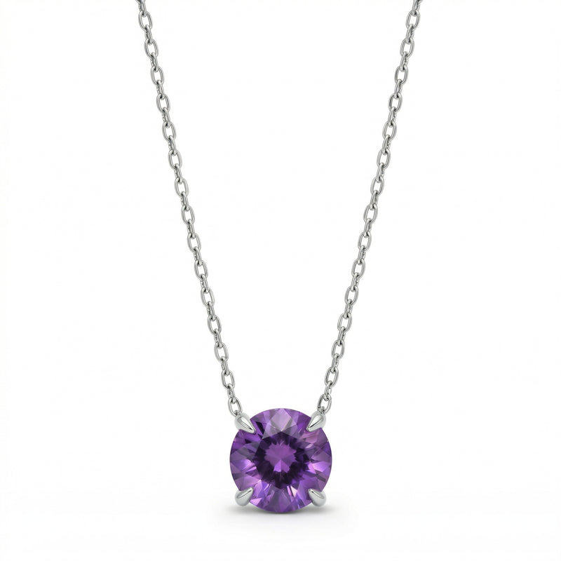 amethyst birthstone necklace in white gold finish — front view