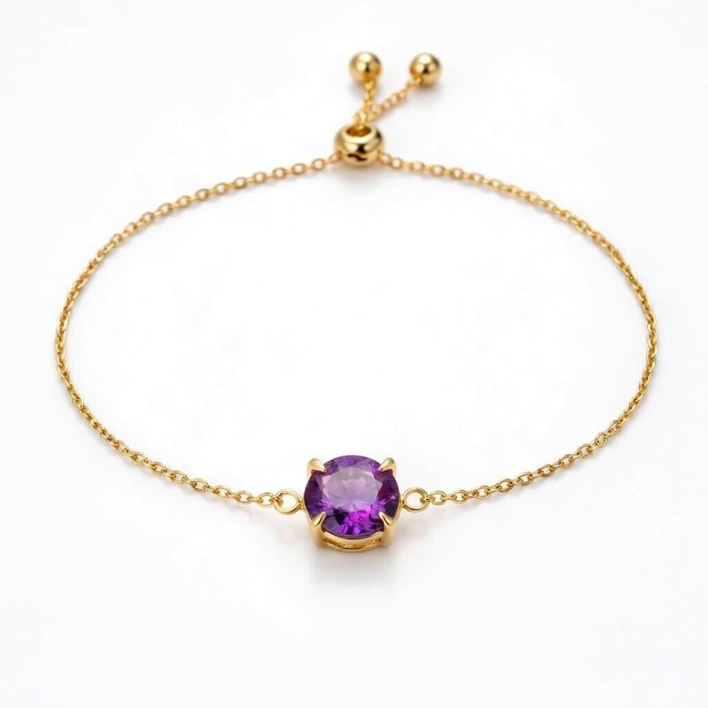 amethyst birthstone bracelet in yellow gold finish — front view