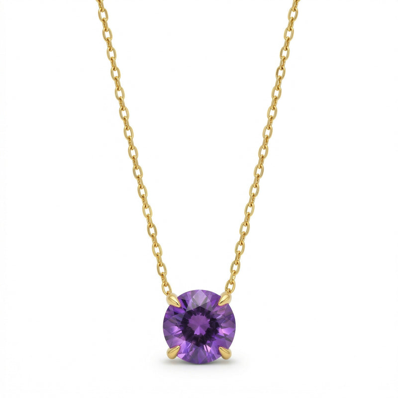 amethyst birthstone necklace in yellow gold finish — front view