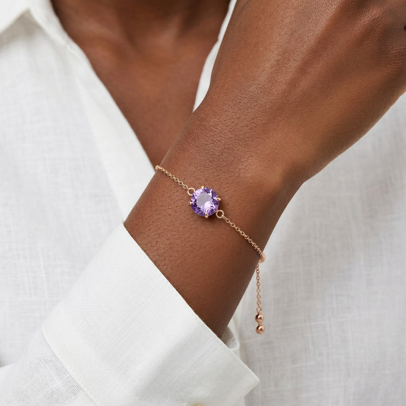 amethyst birthstone bracelet in rose gold finish — model view