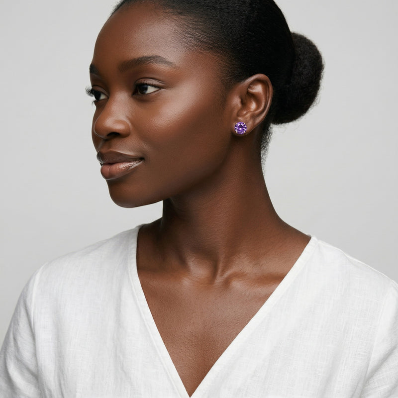 amethyst birthstone stud earrings in rose gold finish — model view