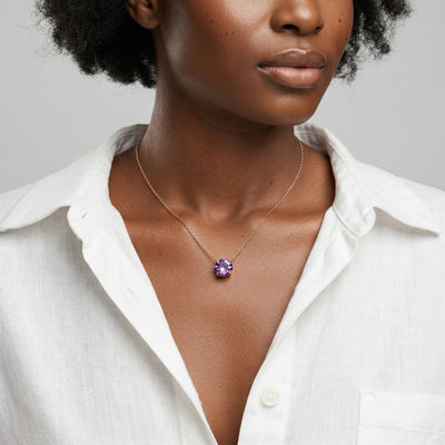 amethyst birthstone necklace in rose gold finish — model view