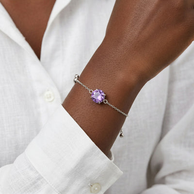 amethyst birthstone bracelet in white gold finish — model view