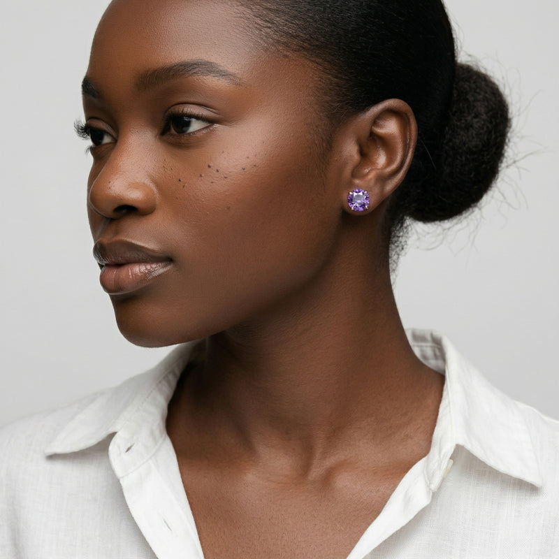 amethyst birthstone stud earrings in white gold finish — model view