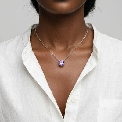 amethyst birthstone necklace in white gold finish — model view