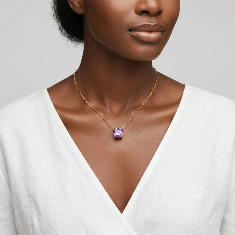 amethyst birthstone necklace in yellow gold finish — model view