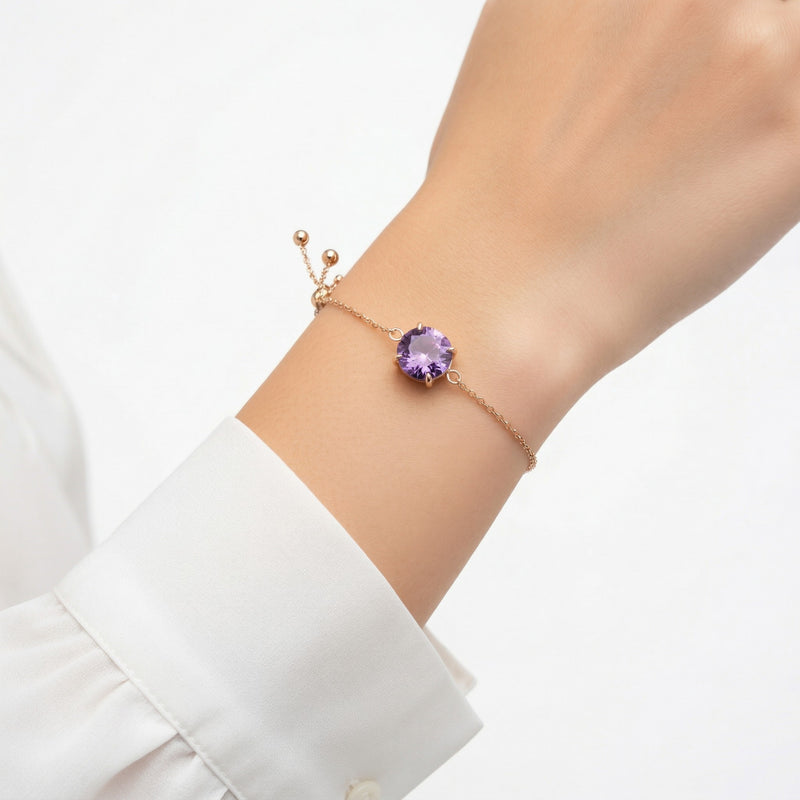 amethyst birthstone bracelet in rose gold finish — model view