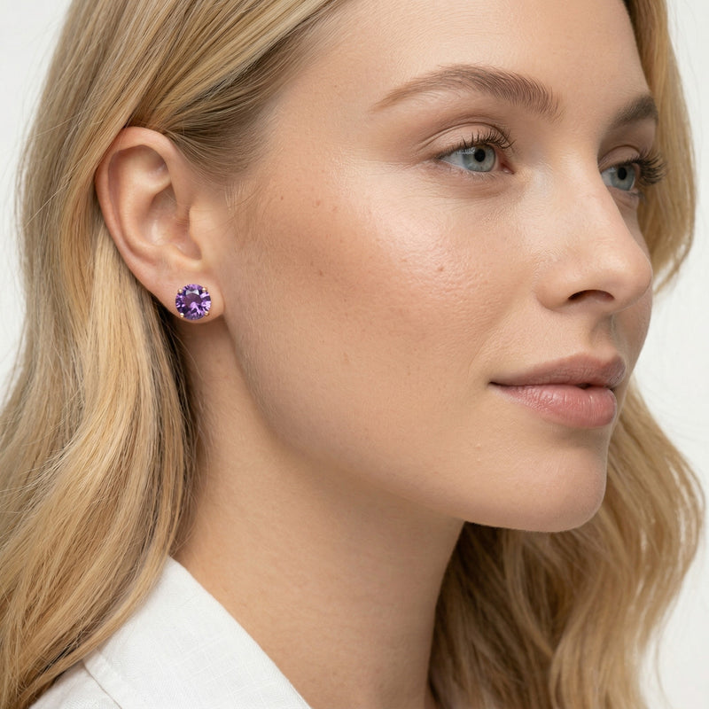 amethyst birthstone stud earrings in rose gold finish — model view