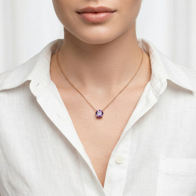 amethyst birthstone necklace in rose gold finish — model view