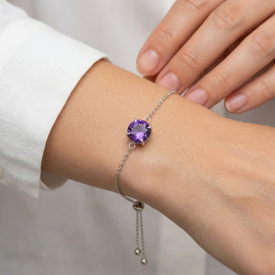 amethyst birthstone bracelet in white gold finish — model view