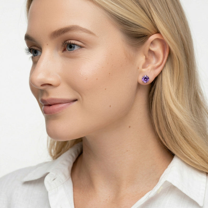 amethyst birthstone stud earrings in white gold finish — model view