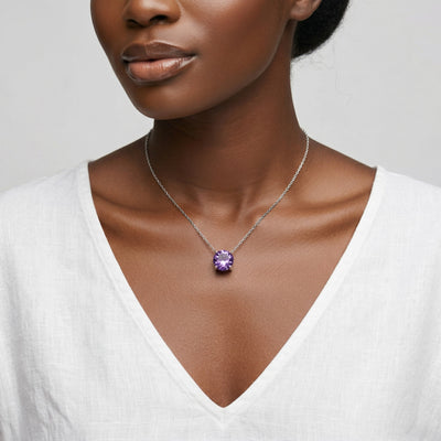 amethyst birthstone necklace in white gold finish — model view