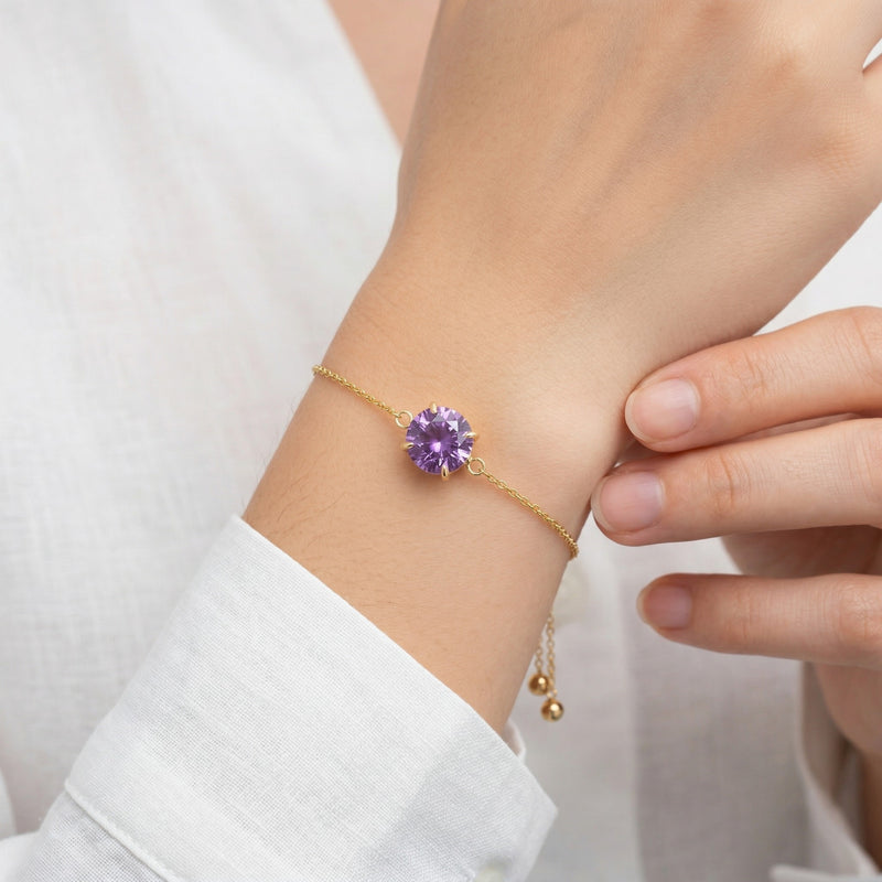 amethyst birthstone bracelet in yellow gold finish — model view