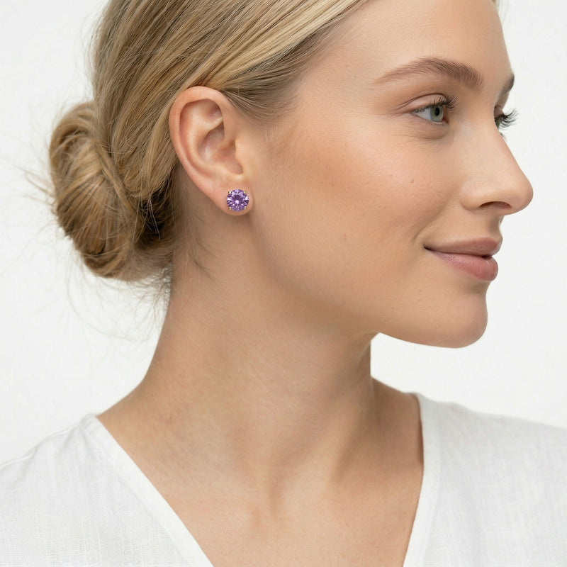 amethyst birthstone stud earrings in yellow gold finish — model view