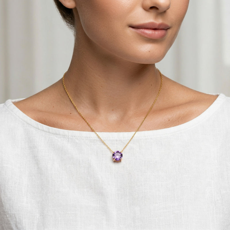 amethyst birthstone necklace in yellow gold finish — model view