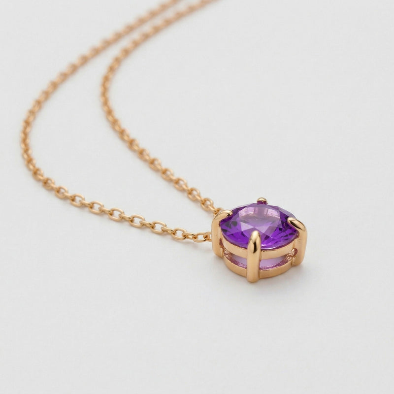amethyst birthstone necklace in rose gold finish — side view