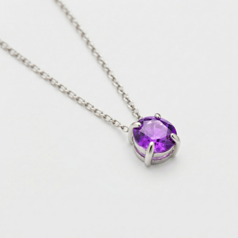 amethyst birthstone necklace in white gold finish — side view