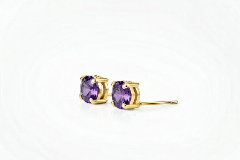 amethyst birthstone stud earrings in yellow gold finish — side view